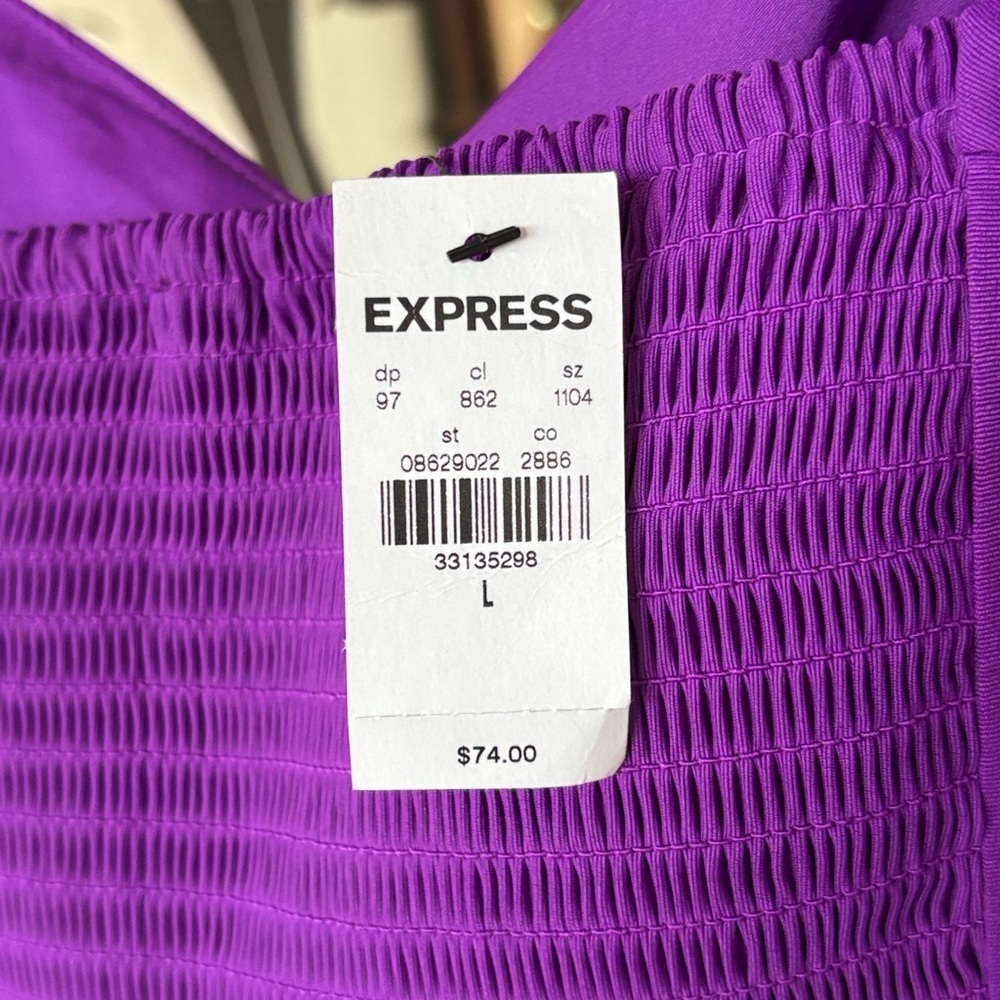 Brand New Express Purple Ruffle Crop Top Smocked Stretch Back Tailored Blouse - Picture 6 of 14